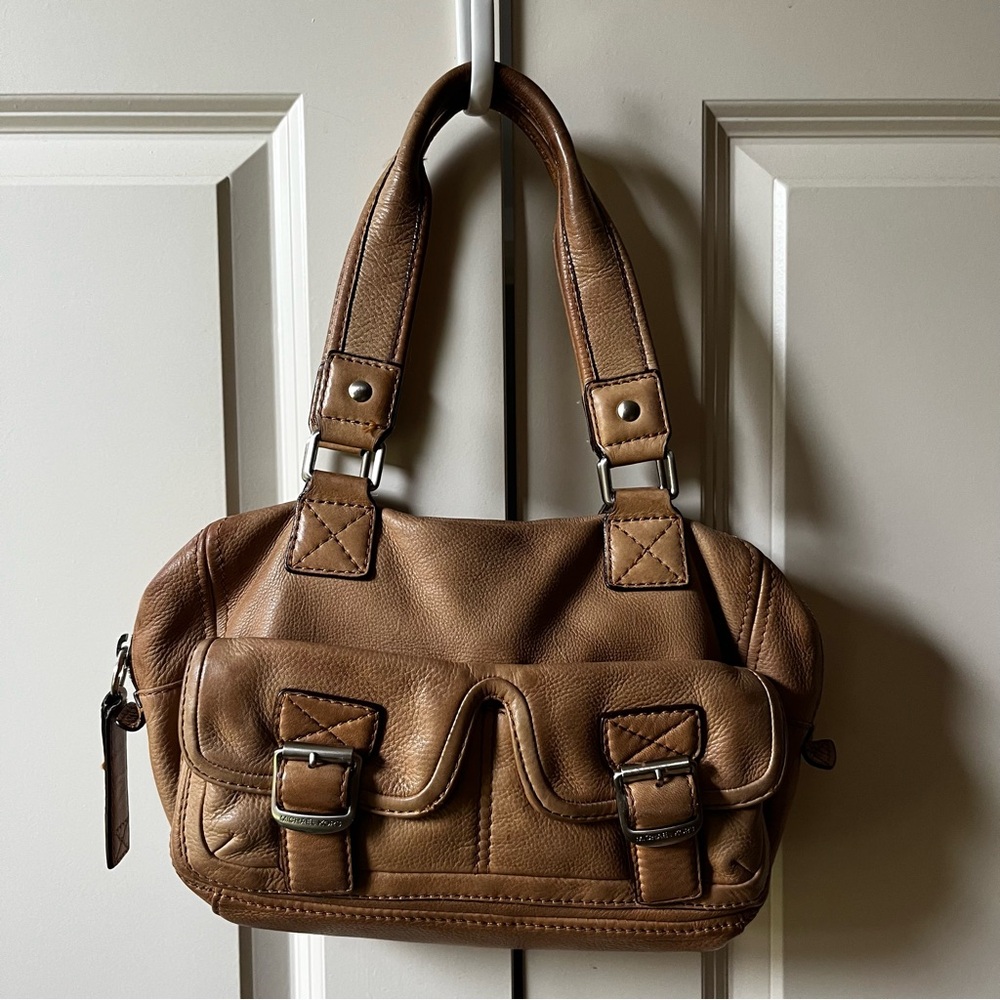 MICHAEL KORS MK Camel Tan Leather Gold Satchel Handbag